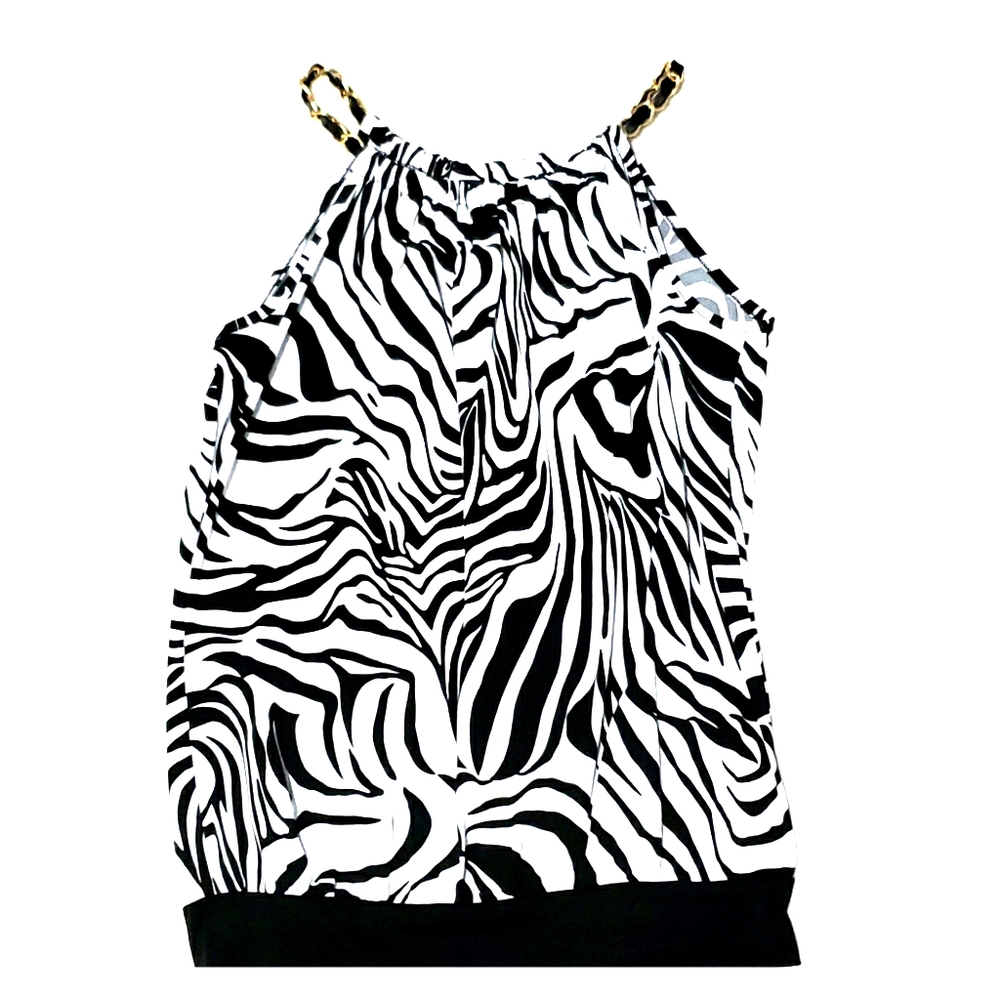 Zebra design top with gold chain and leather trim